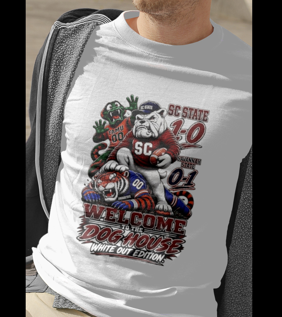 South Carolina State Bulldogs 1 0 Welcome To The Dog House White Out Edition Cartoon Tackling Tiger Savannah State 0 1 FAMU 00 T-Shirt