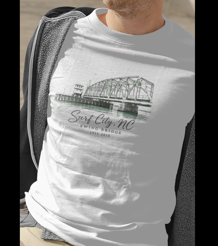 Surf City NC Swing Bridge 1955 2018 Water Birds Coastal Pier Green Watercolor T-Shirt