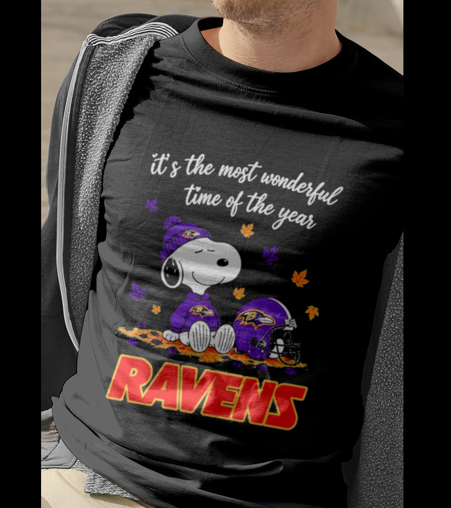 Baltimore Ravens It's The Most Wonderful Time Of Year Snoopy Sitting Leaves Football Helmet T-Shirt