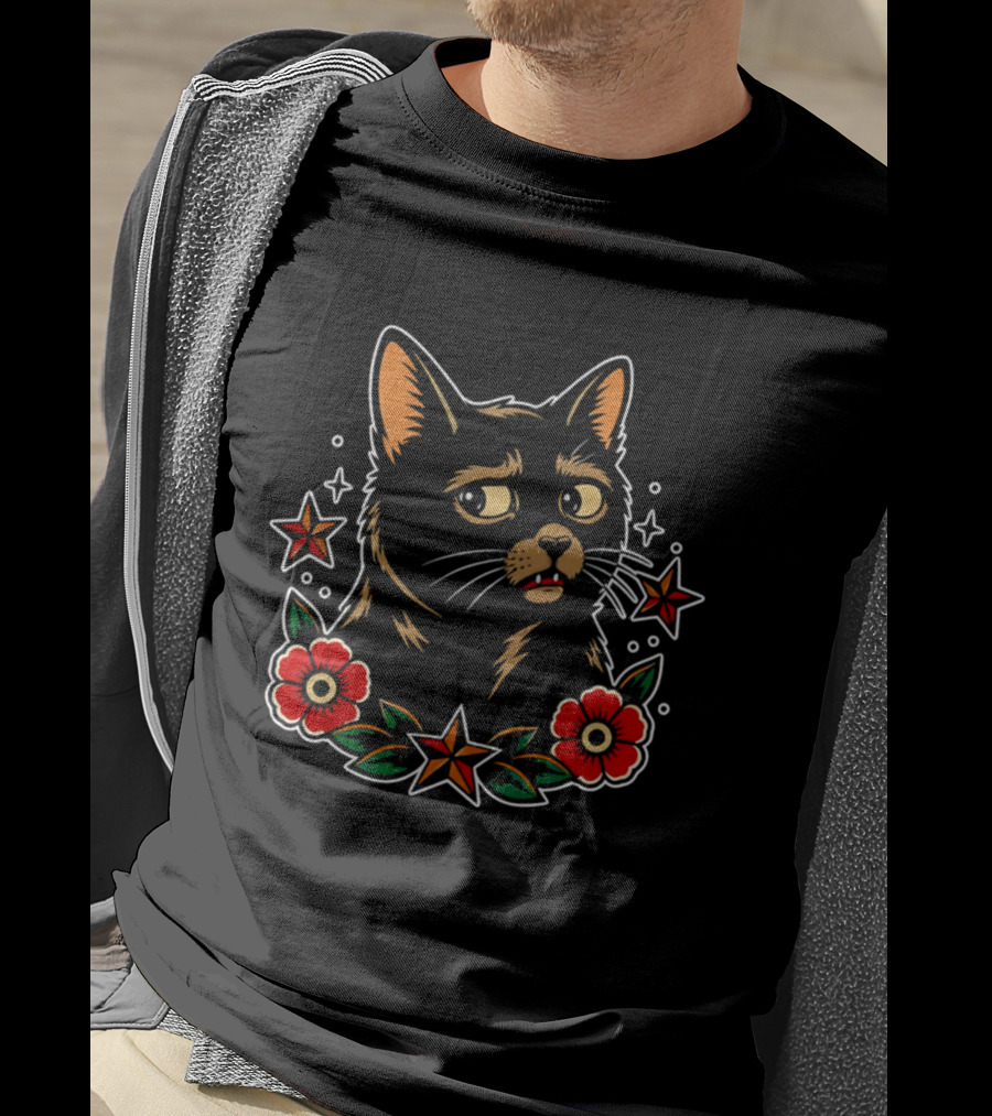 Black Cat Surrounded By Stars And Red Flowers T-Shirt