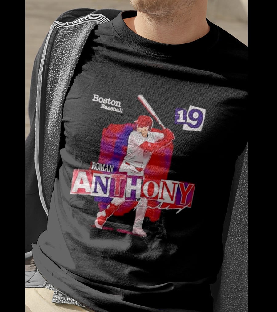 Boston Baseball 19 Roman Anthony Player Batting Red Paint T-Shirt