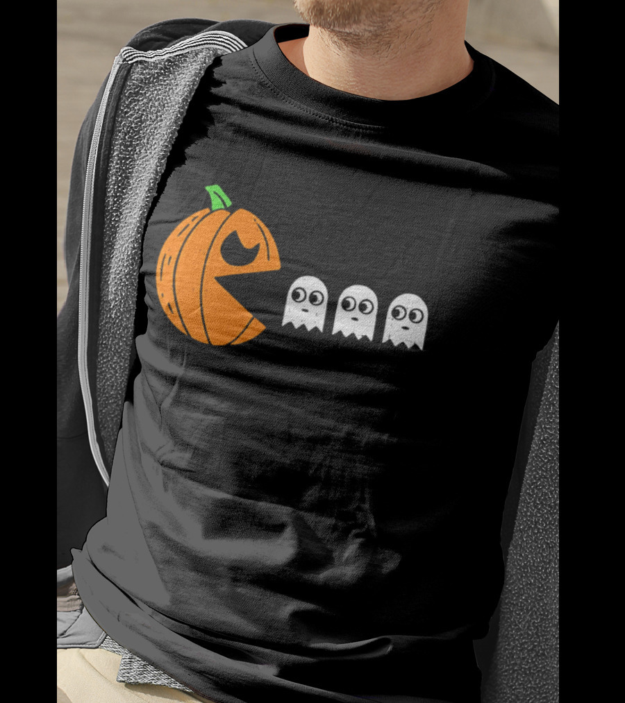 Halloween Pumpkin Pac Man Chasing White Ghosts Distressed Cartoon T-Shirt