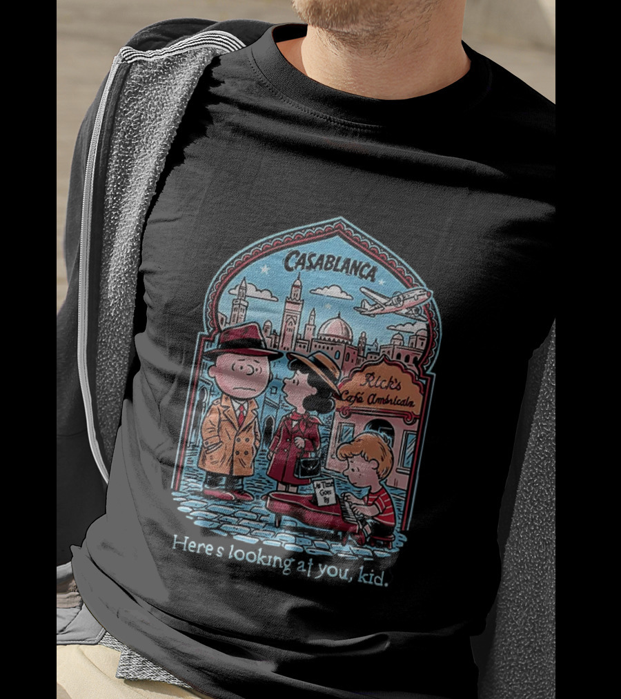 Charlie Brown Lucy Linus Peanuts Casablanca Rick's Café Americain Here's Looking At You Kid T-Shirt