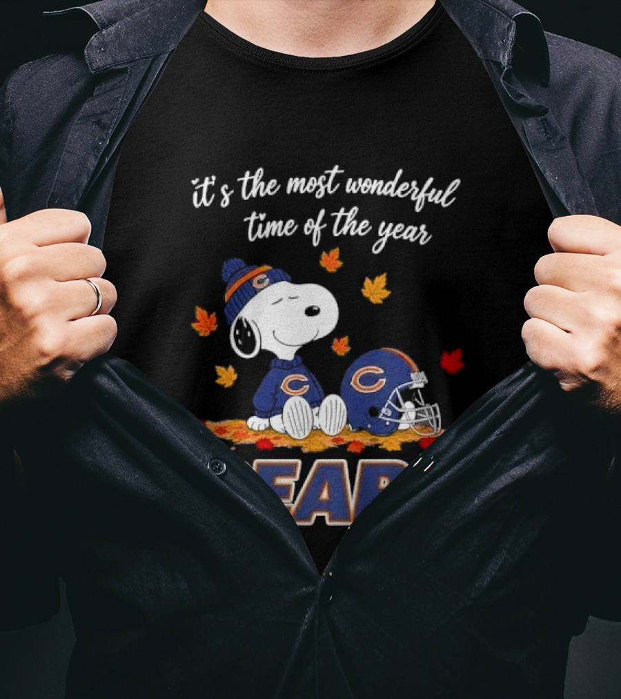 Chicago Bears Snoopy Most Wonderful Time Autumn Leaves Football Helmet T-Shirt