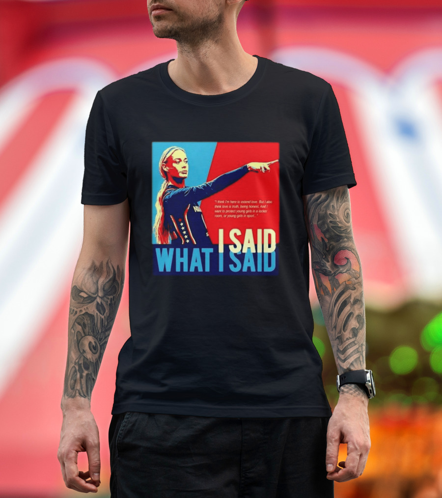 I Said What Blonde Female Athlete Pointing Red Blue Stylized Truth Honesty Protecting Young Girls In Sport T-Shirt