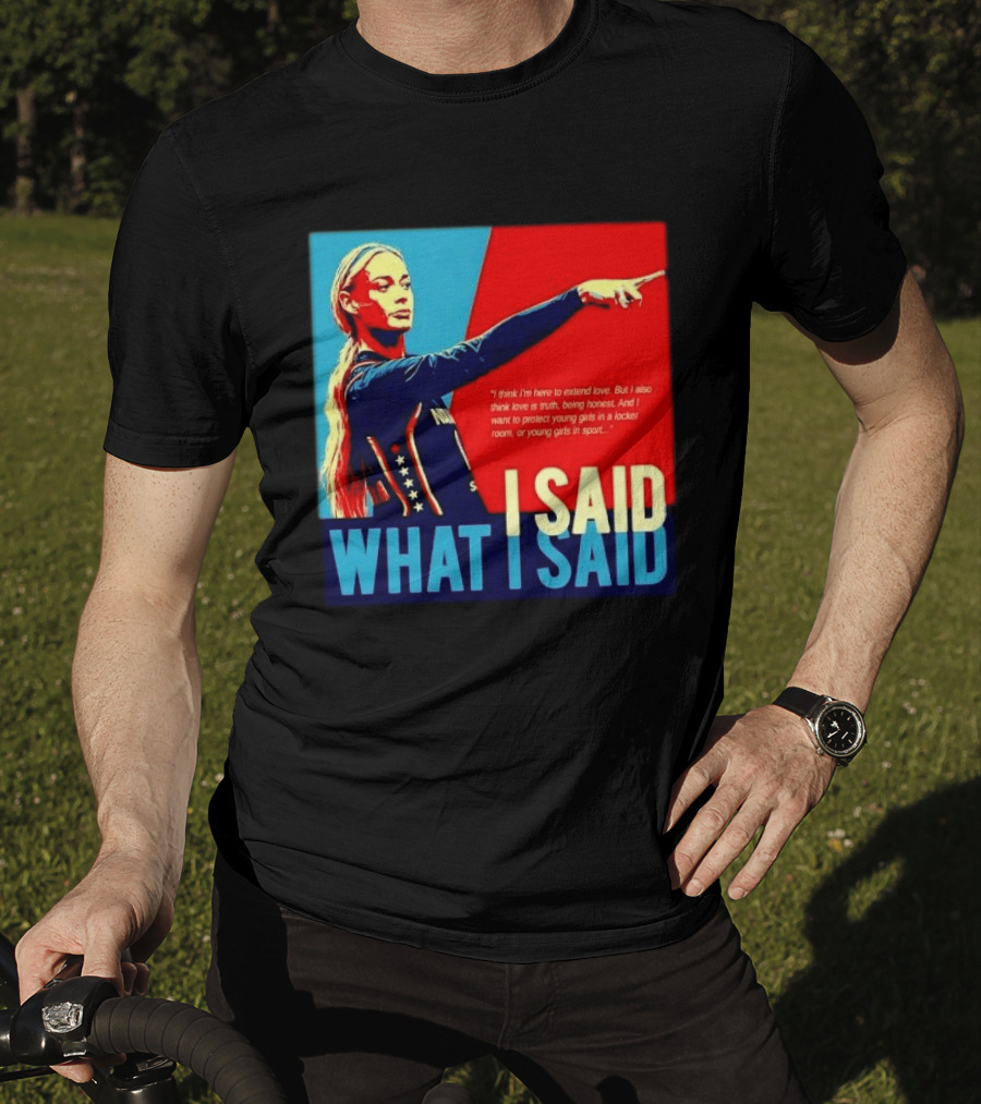 I Said What Blonde Female Athlete Pointing Red Blue Stylized Truth Honesty Protecting Young Girls In Sport T-Shirt