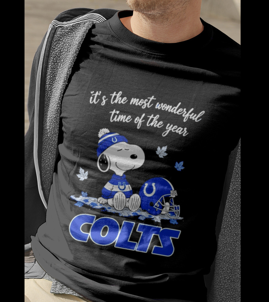 Indianapolis Colts Snoopy Beanie Helmet Leaves It's The Most Wonderful Time Of The Year T-Shirt