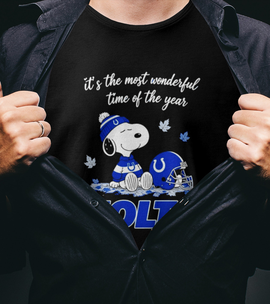 Indianapolis Colts Snoopy Beanie Helmet Leaves It's The Most Wonderful Time Of The Year T-Shirt