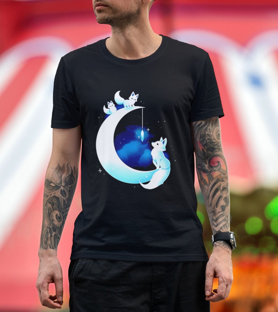 Glowing White Arctic Foxes Crescent Moon Crystal Night Sky T-Shirt