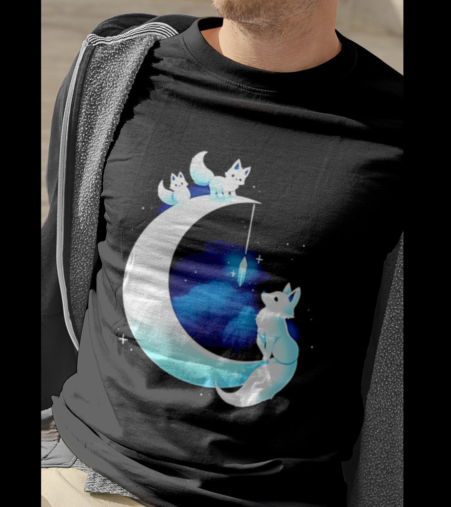 Glowing White Arctic Foxes Crescent Moon Crystal Night Sky T-Shirt