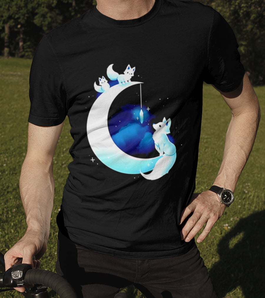 Glowing White Arctic Foxes Crescent Moon Crystal Night Sky T-Shirt