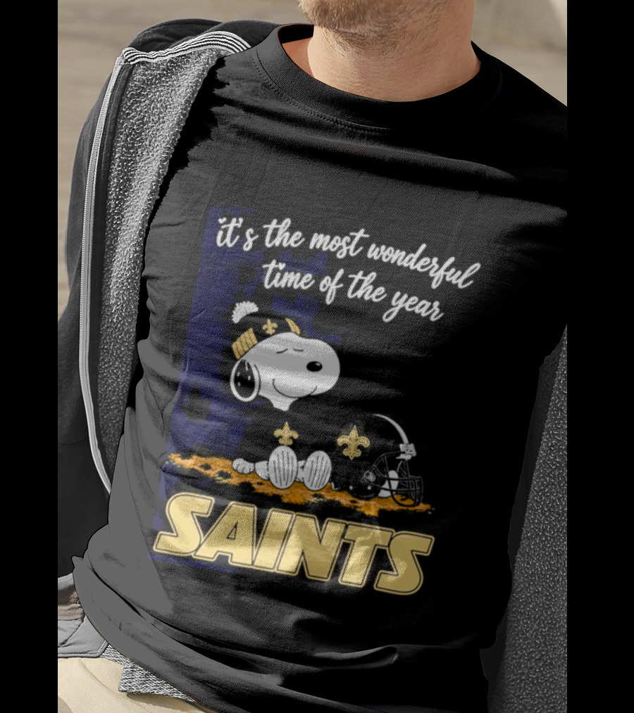 New Orleans Saints Snoopy Beanie Helmet Autumn Leaves Most Wonderful Time Of Year T-Shirt