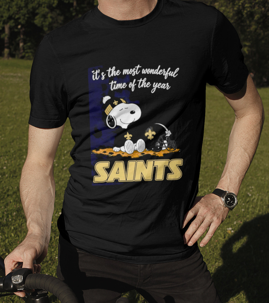 New Orleans Saints Snoopy Beanie Helmet Autumn Leaves Most Wonderful Time Of Year T-Shirt