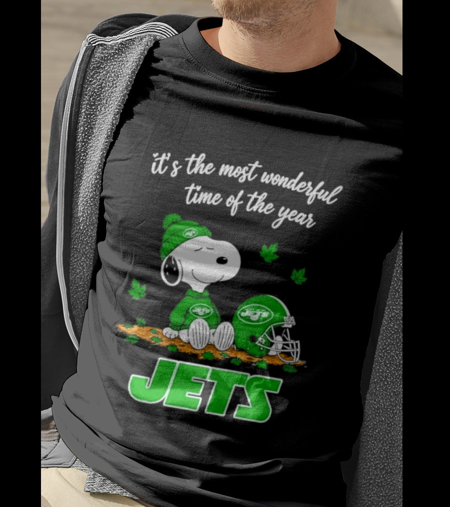 New York Jets It's The Most Wonderful Time Of Year Cartoon Dog Beanie Helmet Autumn Leaves T-Shirt