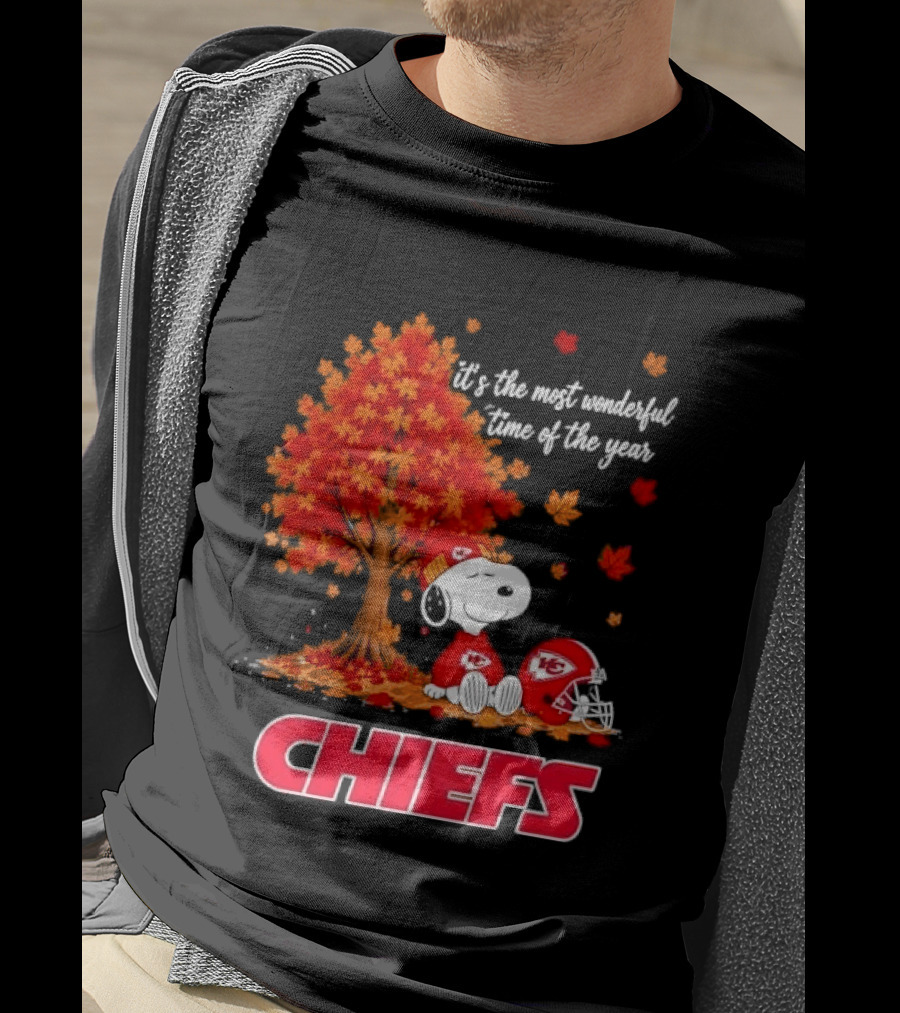 Kansas City Chiefs Snoopy Autumn Tree Football Helmet Most Wonderful Time Of The Year T-Shirt