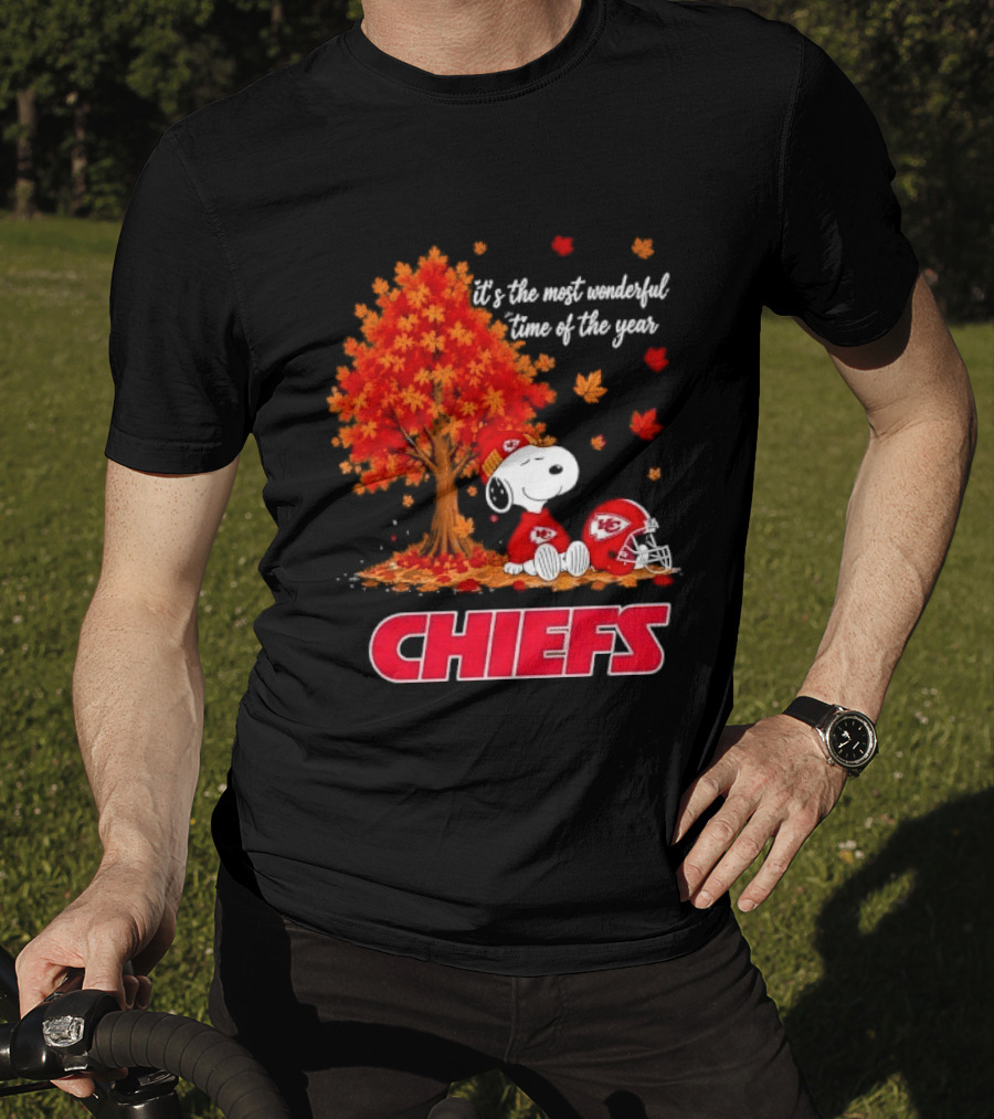 Kansas City Chiefs Snoopy Autumn Tree Football Helmet Most Wonderful Time Of The Year T-Shirt