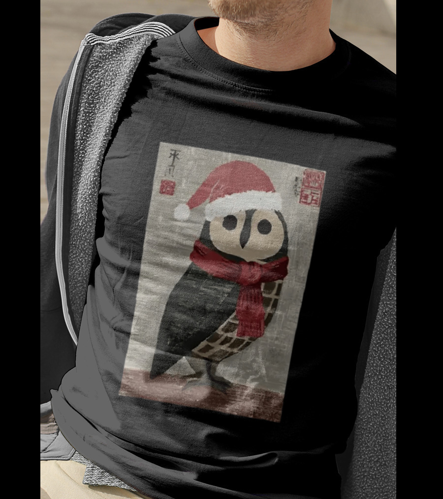 Owl With Red Santa Hat And Scarf Japanese Calligraphy T-Shirt