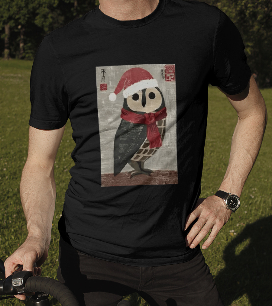 Owl With Red Santa Hat And Scarf Japanese Calligraphy T-Shirt