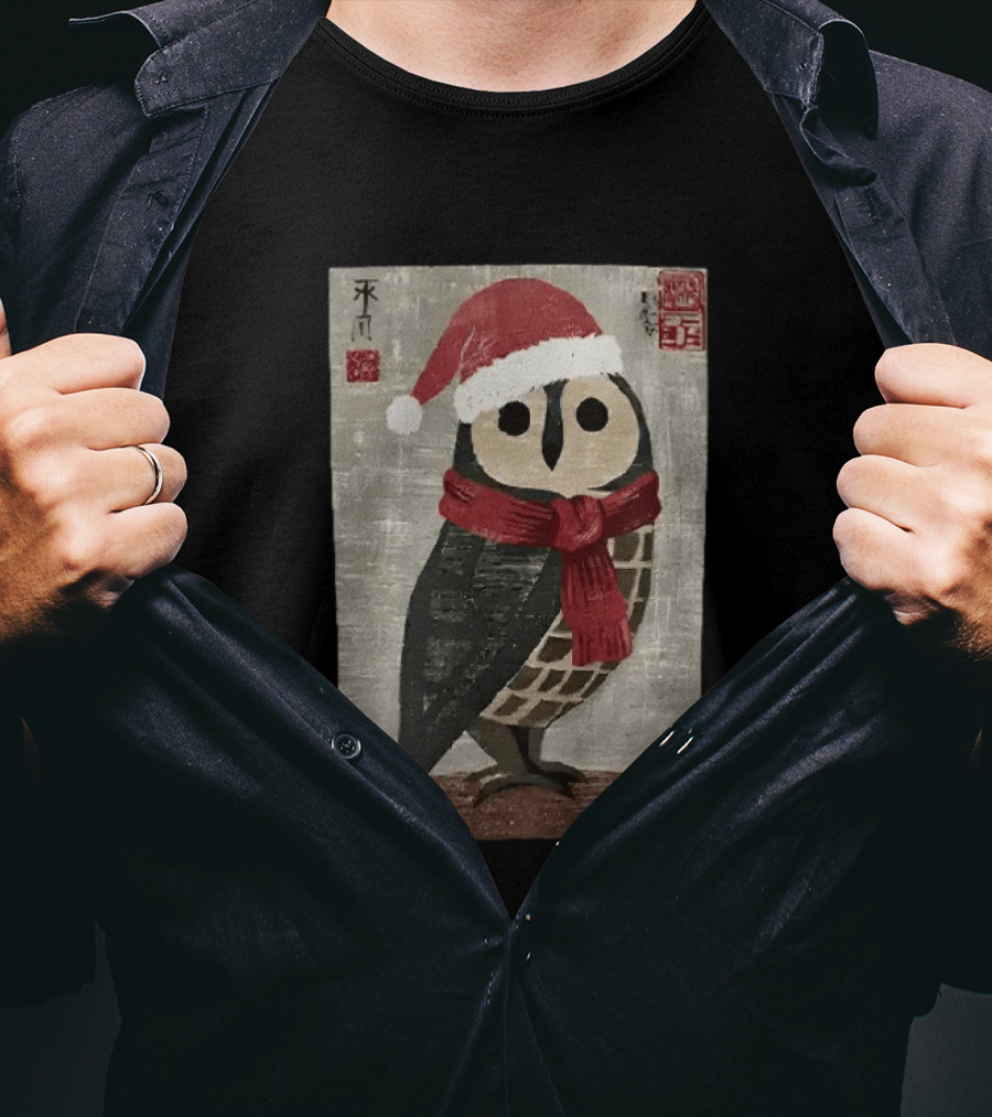 Owl With Red Santa Hat And Scarf Japanese Calligraphy T-Shirt