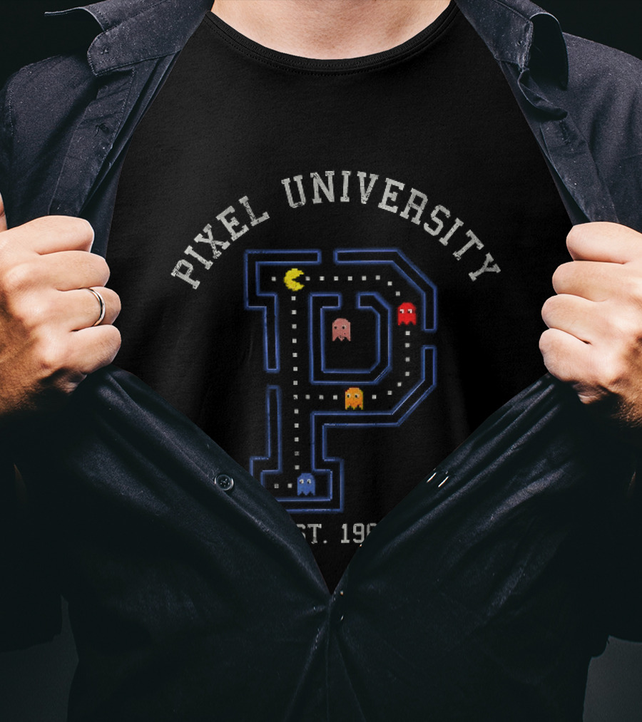 Pixel University Est. 1980 Gaming Arcade Maze P Ghost Characters T-Shirt
