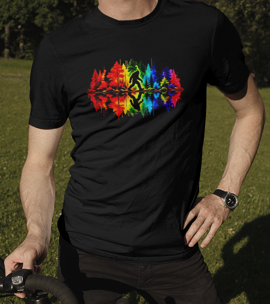 Rainbow Bigfoot Forest Reflection T-Shirt