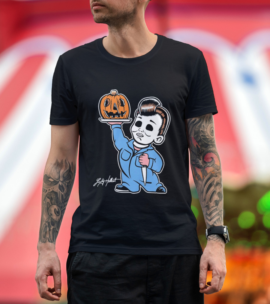 Lucky Hellcat Michael Myers Cartoon Pumpkin Knife Caricature T-Shirt