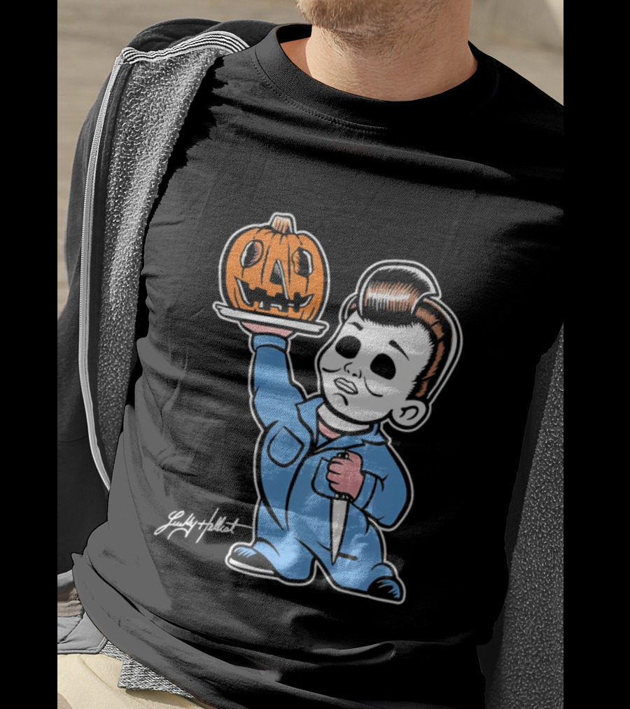 Lucky Hellcat Michael Myers Cartoon Pumpkin Knife Caricature T-Shirt