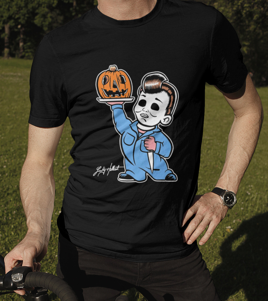 Lucky Hellcat Michael Myers Cartoon Pumpkin Knife Caricature T-Shirt