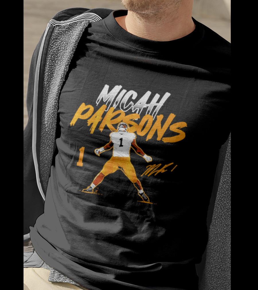 Micah Parsons 1 Pose With Name And Number In White And Orange T-Shirt
