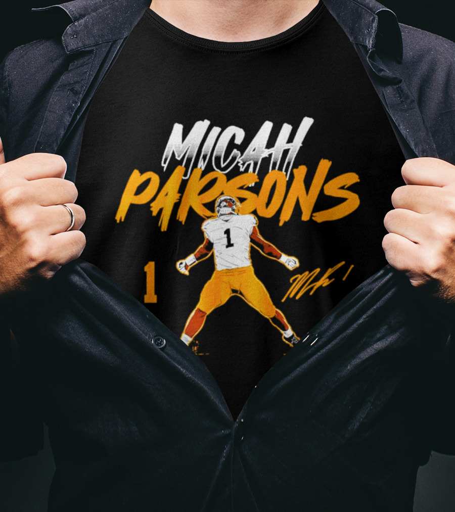 Micah Parsons 1 Pose With Name And Number In White And Orange T-Shirt