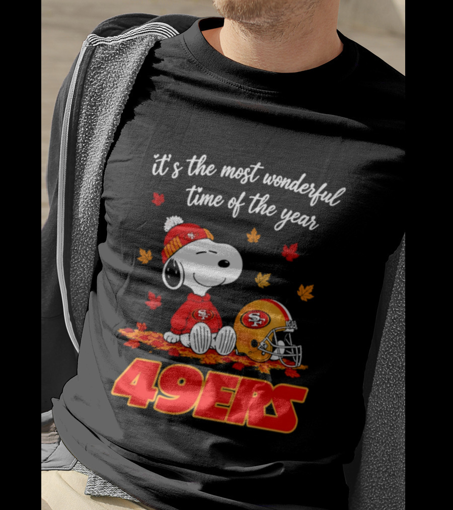 San Francisco 49ers Snoopy Beanie Autumn Leaves Most Wonderful Time T-Shirt
