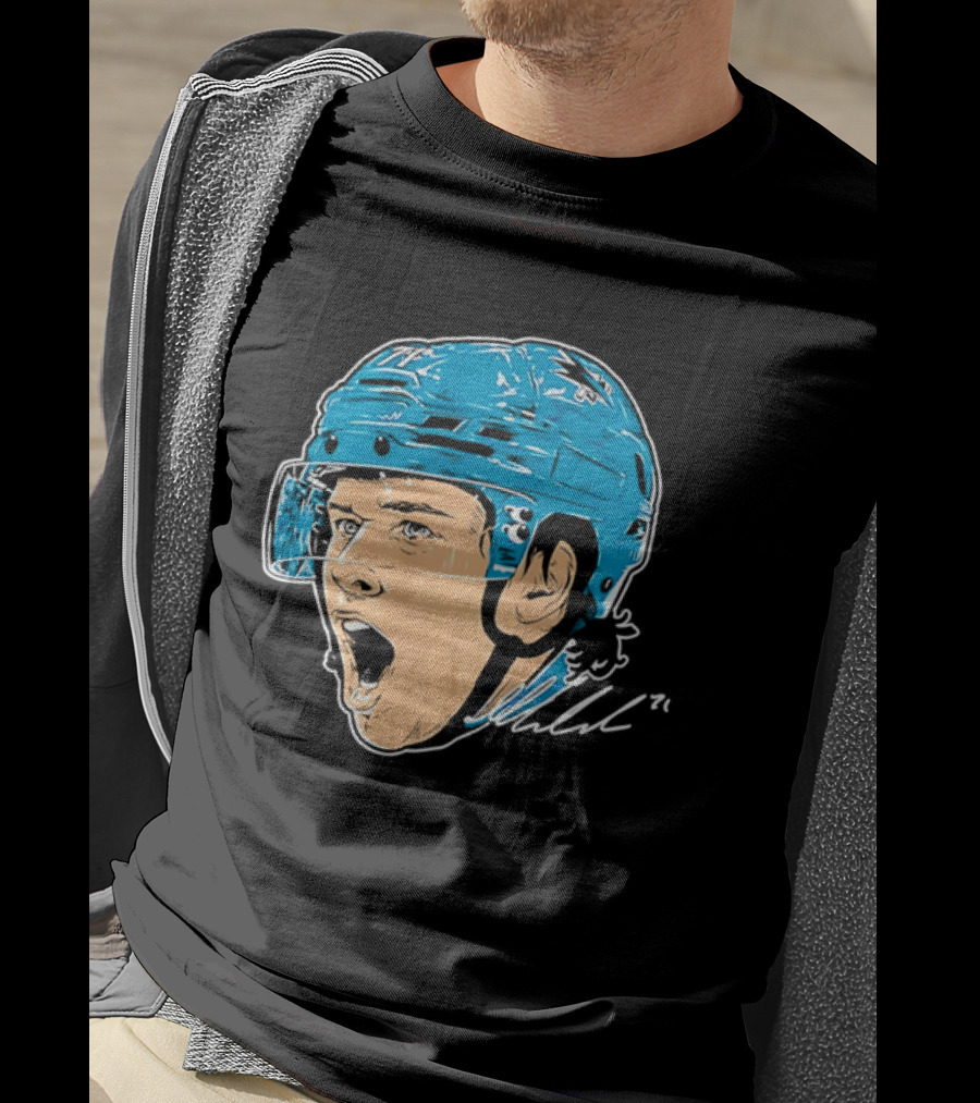 San Jose Sharks NHL 71 Yelling Hockey Player Helmet Caricature T-Shirt