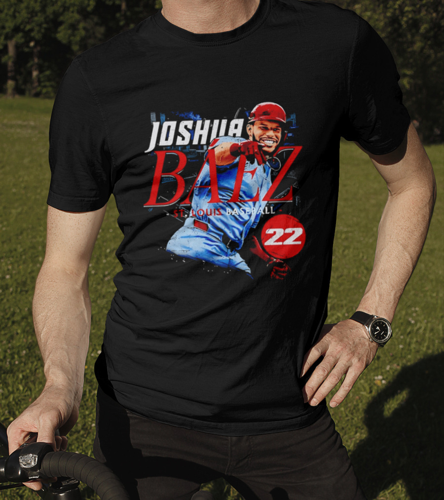 Joshua Baez 22 St Louis Baseball Red Helmet Distressed Photo T-Shirt