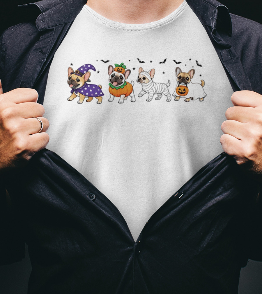 Spooky Frenchies Halloween Paws Pumpkin Costumes Witch Bats T-Shirt