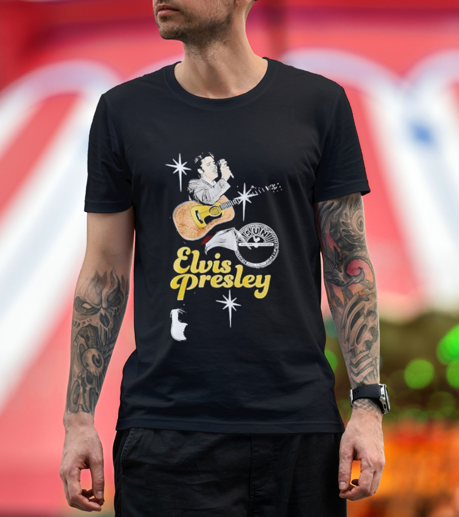 Sun Record Company Elvis Presley Playing Acoustic Guitar Starbursts T-Shirt
