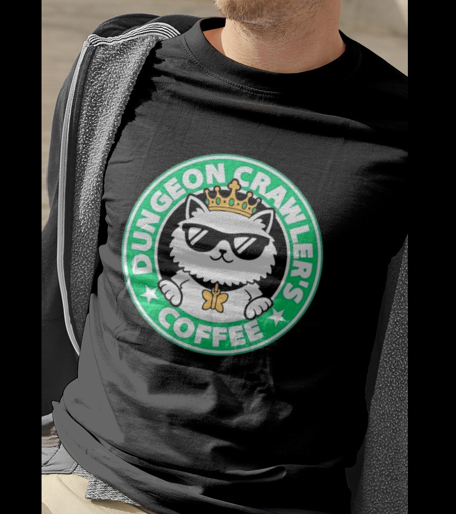 Dungeon Crawlers Coffee White Cat Crown Sunglasses T-Shirt