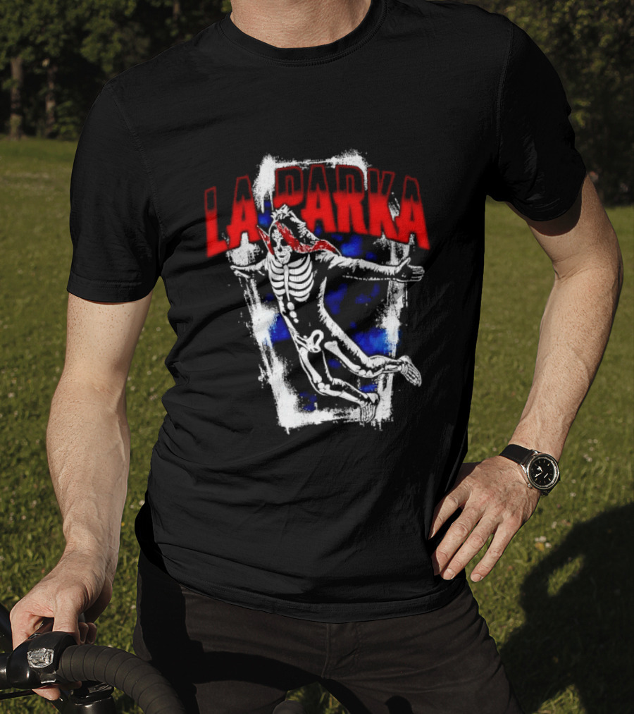 LA Parka Masked Skeleton Wrestler Jumping Distressed Frame T-Shirt