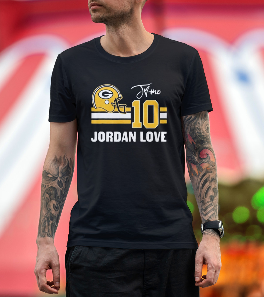 Green Bay Packers Jordan Love 10 Helmet Stripes JM Signature Distressed T-Shirt