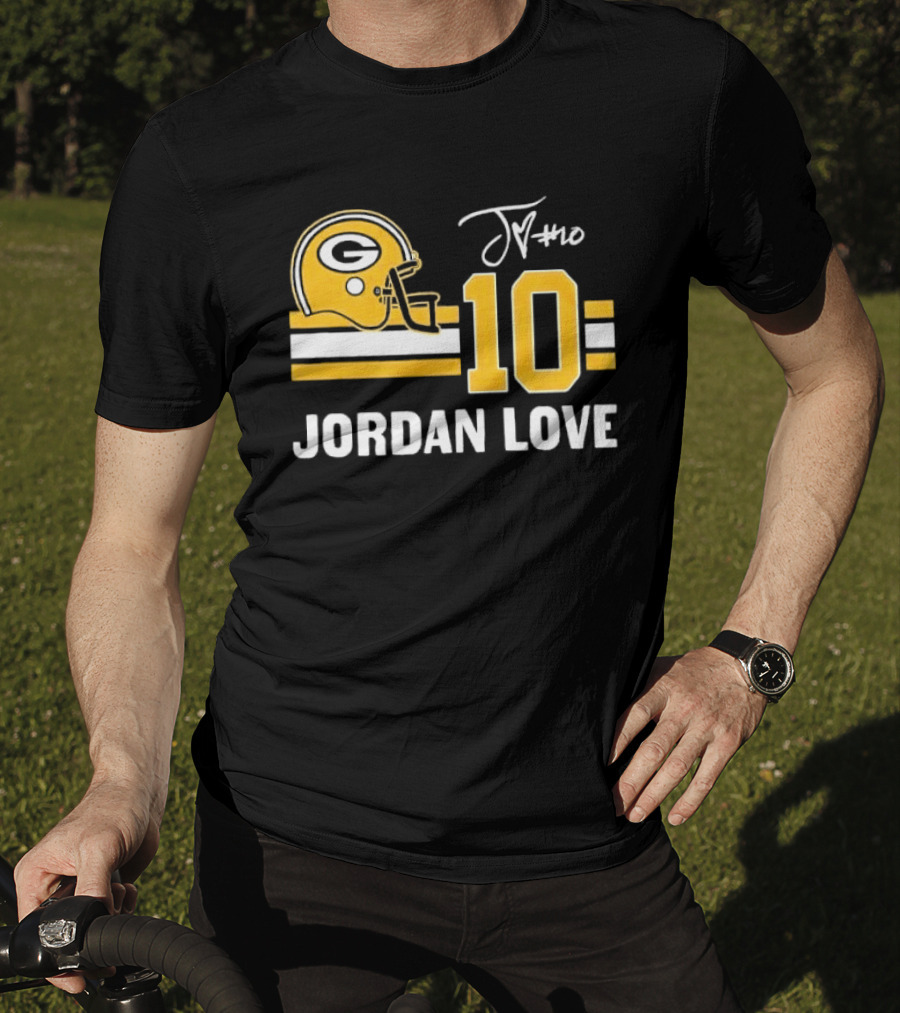 Green Bay Packers Jordan Love 10 Helmet Stripes JM Signature Distressed T-Shirt