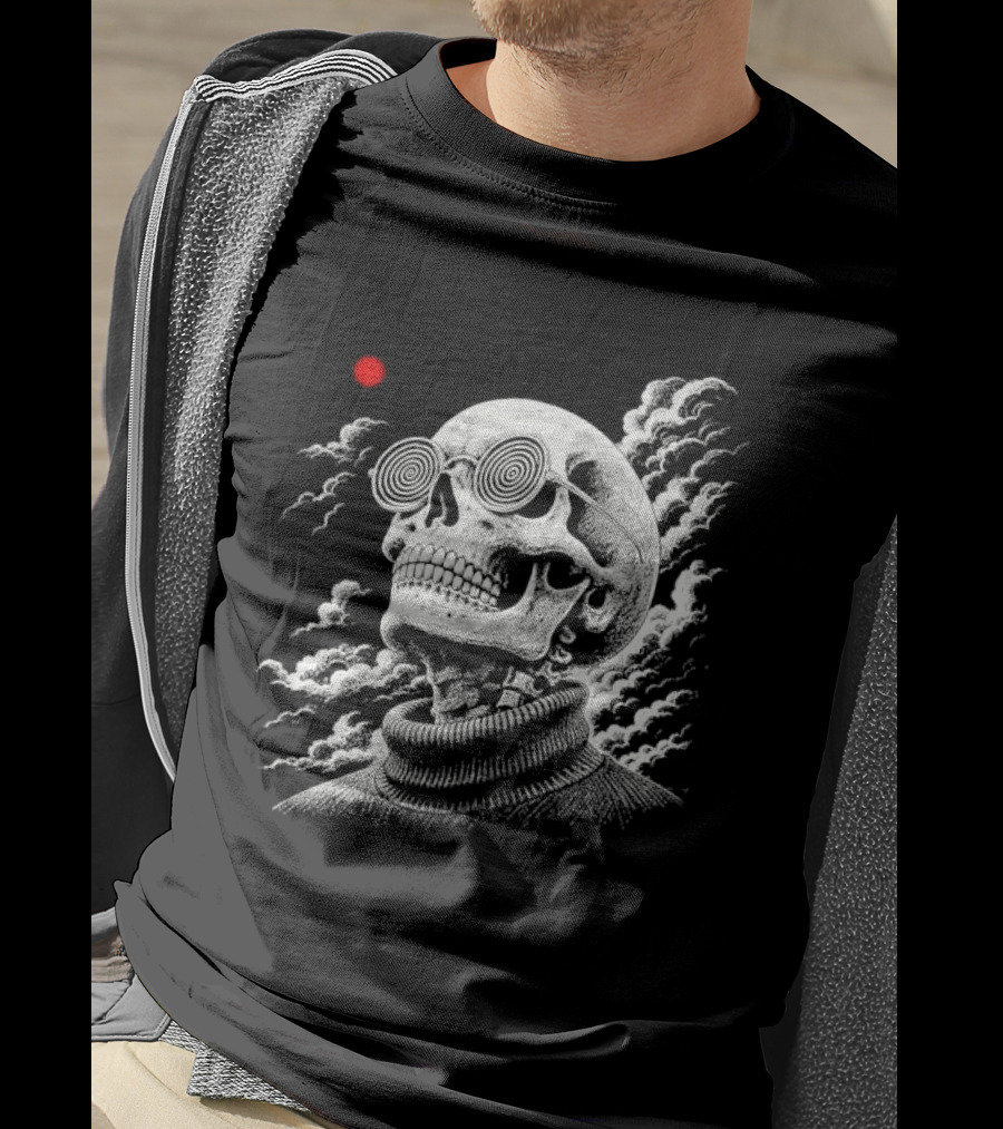 Line Skull Hypnotic Glasses Turtleneck Red Sun Clouds T-Shirt