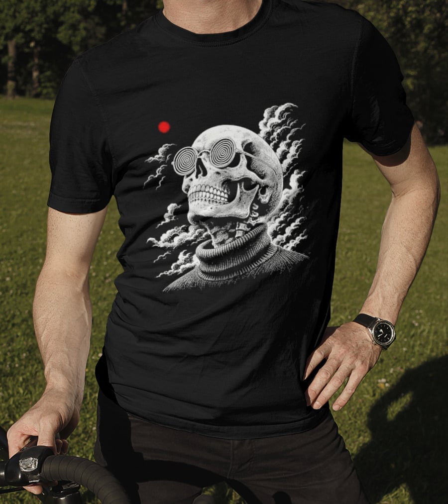 Line Skull Hypnotic Glasses Turtleneck Red Sun Clouds T-Shirt