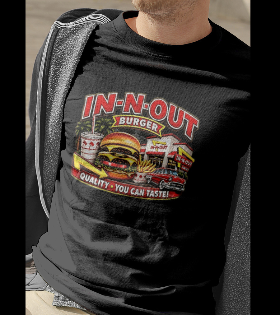 In N Out Burger Quality You Can Taste Palm Trees Classic Car Hamburger Fries Retro Restaurant Scene T-Shirt