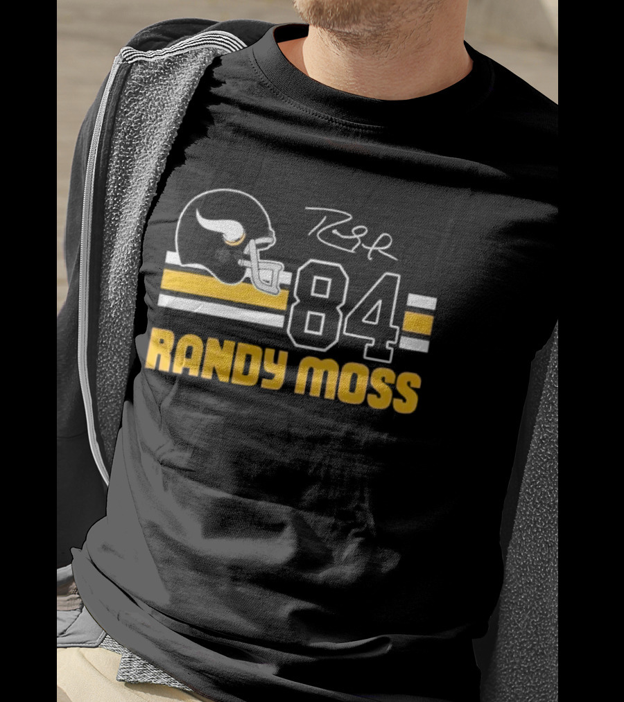 Randy Moss Minnesota Vikings 84 Helmet Stripes Autograph T-Shirt