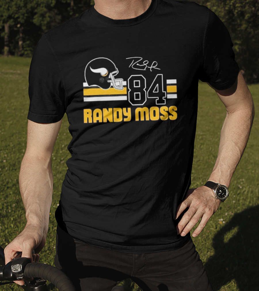 Randy Moss Minnesota Vikings 84 Helmet Stripes Autograph T-Shirt