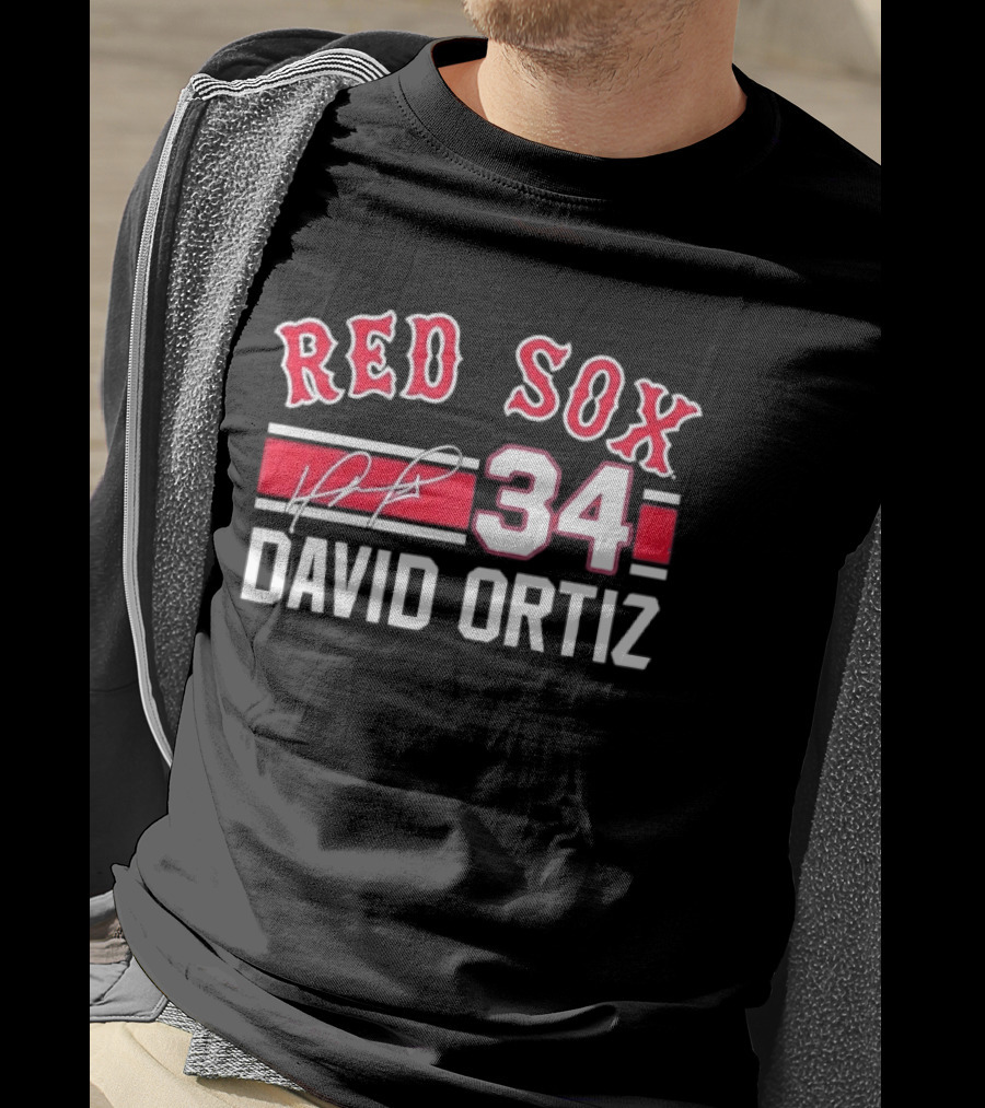 Red Sox MLB David Ortiz 34 White Stripes Distressed T-Shirt