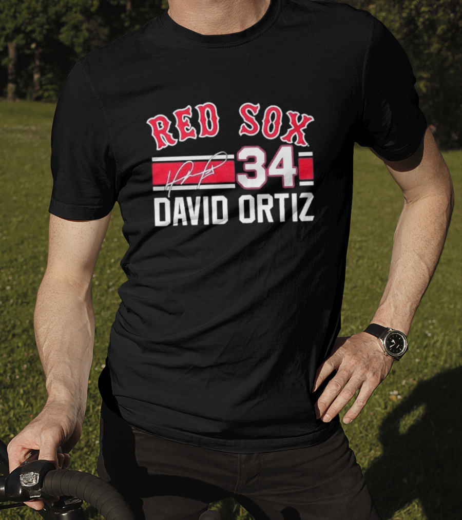 Red Sox MLB David Ortiz 34 White Stripes Distressed T-Shirt