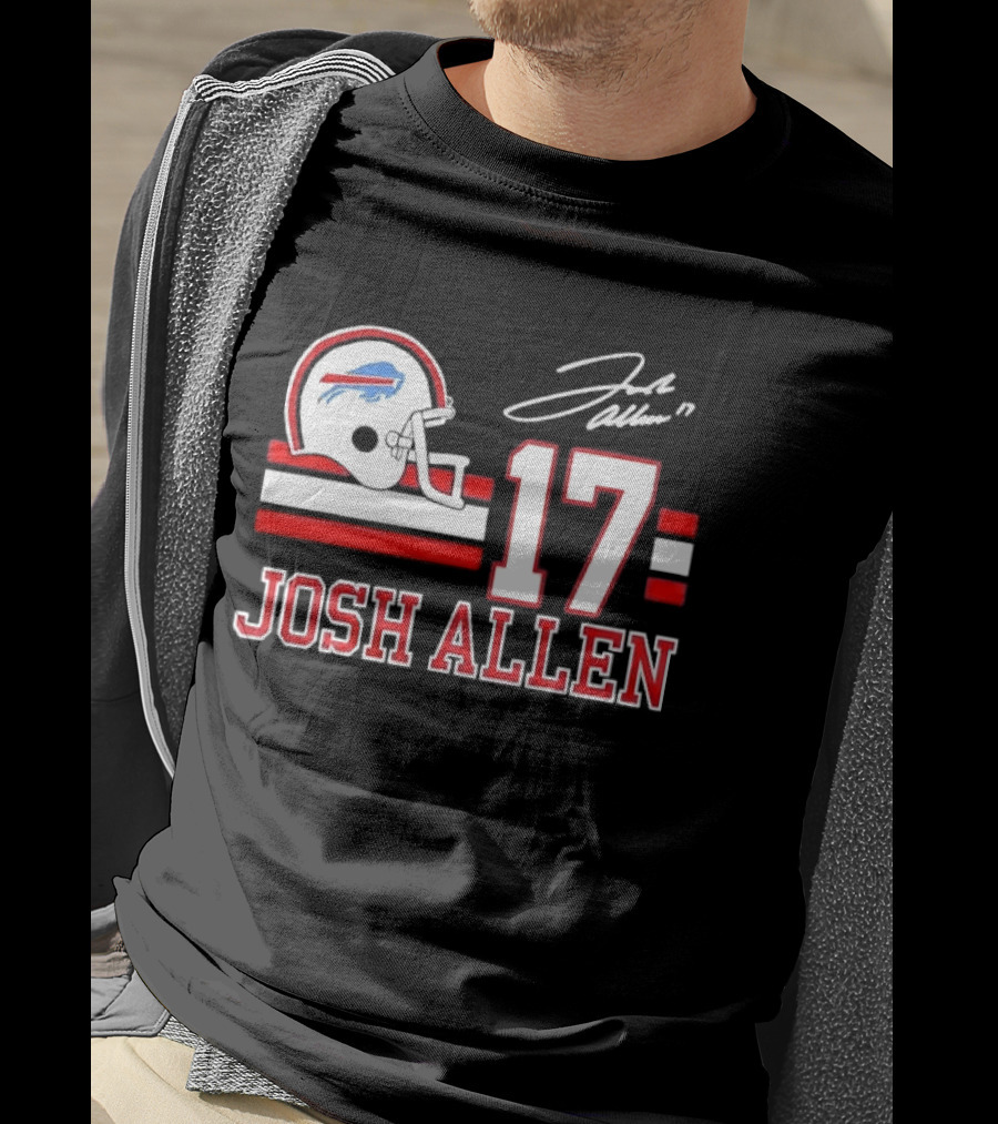 Josh Allen 17 Buffalo Bills Helmet Red Stripes Distressed T-Shirt