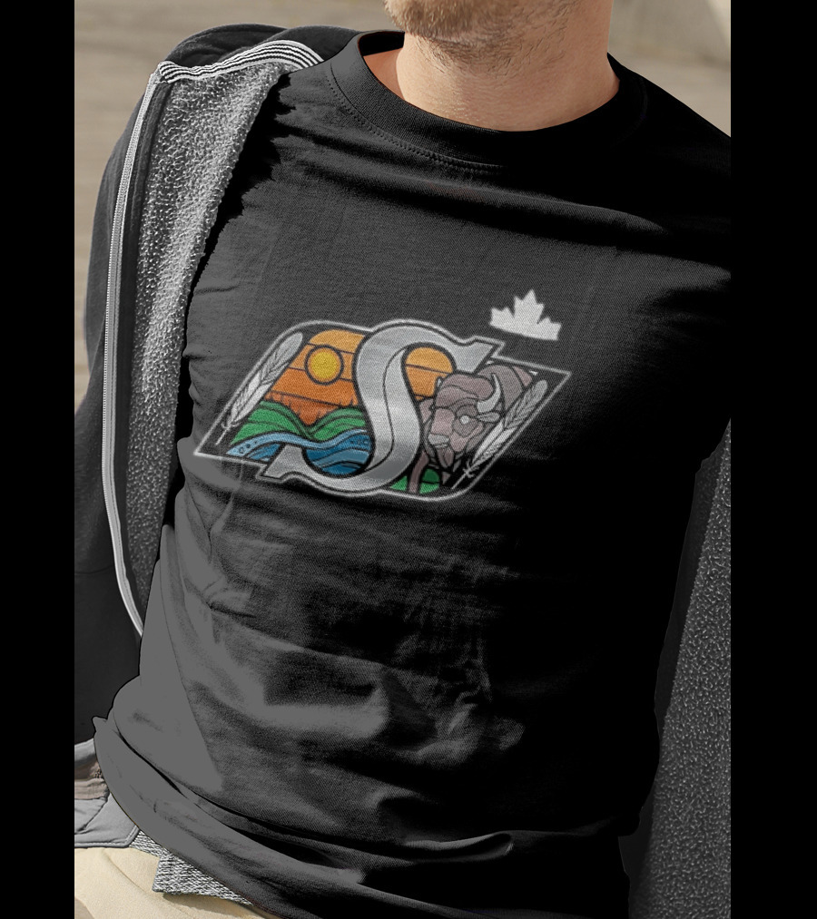 Saskatchewan Roughriders 2025 Indigenous Heritage Special Buffalo Sunrise Feather River T-Shirt
