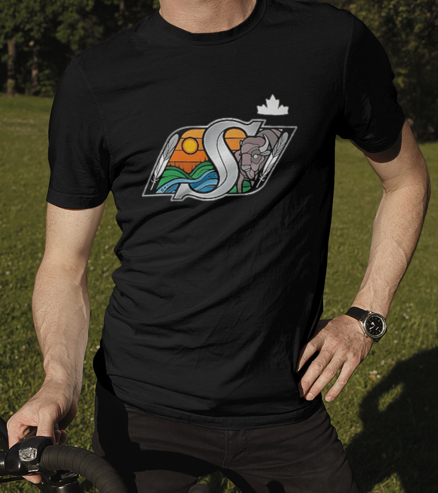 Saskatchewan Roughriders 2025 Indigenous Heritage Special Buffalo Sunrise Feather River T-Shirt