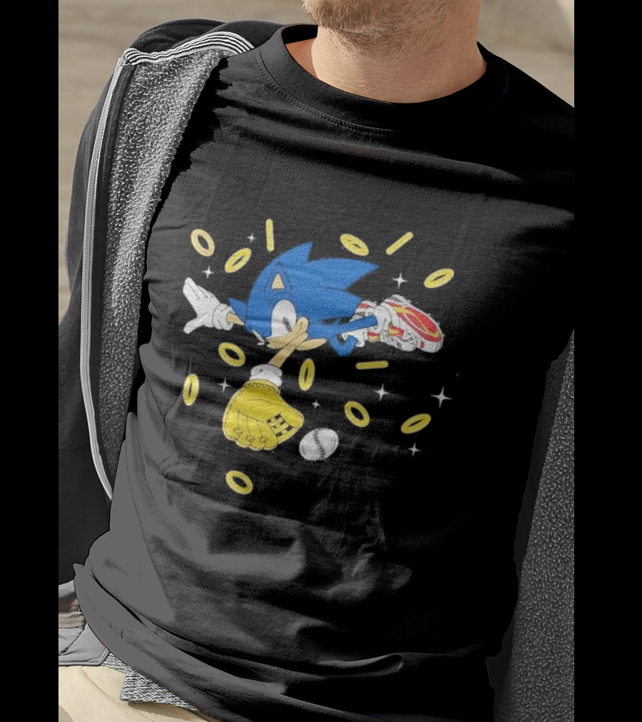 The Hedgehog Running Collecting Rings With Baseball Glove And Ball T-Shirt